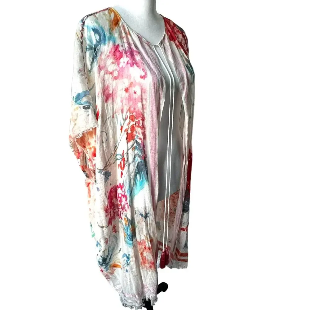 LAGUNA Watercolor Floral Silk Cotton Long Open Swim Cover Up Kaftan Kimono Boho‎